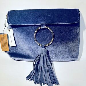 New Anthropologie Elegant Blue Boho Velvet Clutch with Suede Tassel